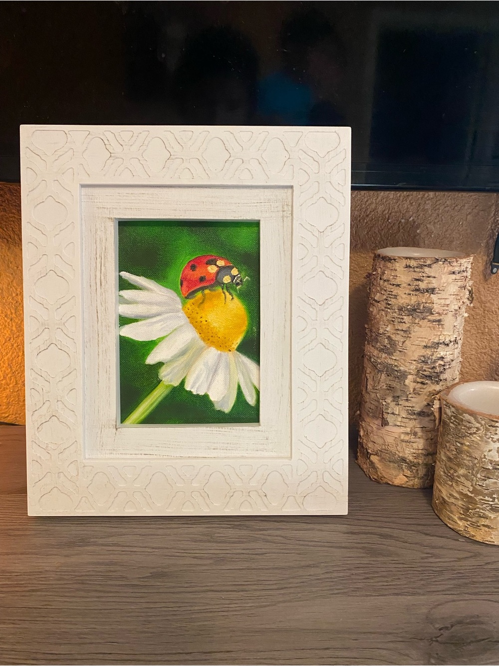 Ladybug on Daisy Framed Mini Art - White Frame (no print) original oil painting